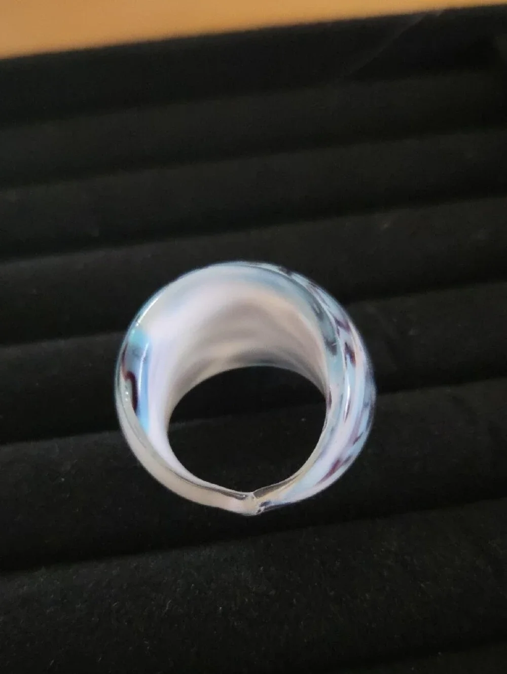 Glass Dome Statement Ring with Black, Blue Geometric Pattern Sz 7